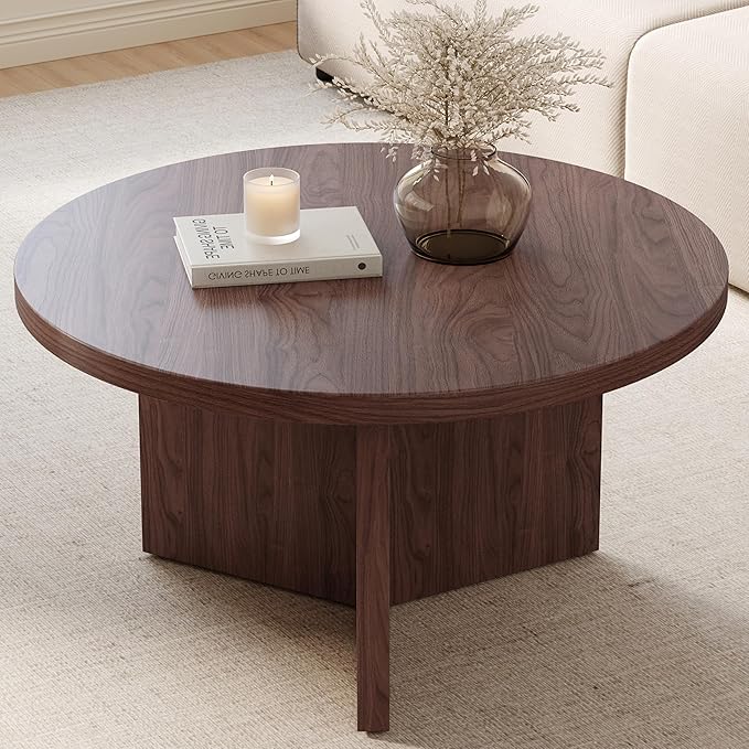 Luoxiao Round Coffee Table, 31.5" Mid Century Modern Center Tables, Walnut | Triangle Base with Anti Slip Feet for Stability, Circle Accent Table for Living Room, Apartments, Space-saving, Easy Assembly