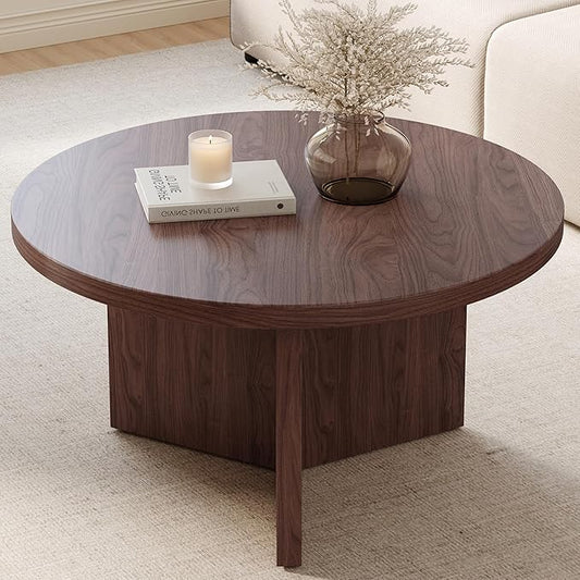 Luoxiao Round Coffee Table, 31.5" Mid Century Modern Center Tables, Walnut | Triangle Base with Anti Slip Feet for Stability, Circle Accent Table for Living Room, Apartments, Space-saving, Easy Assembly