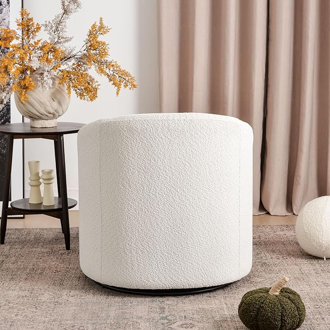 KINWELL 32" Wide Modern Boucle Swivel Barrel Chair, No Assembly Round Upholstered Swivel Accent Armchair for Living Room, Bedroom, Office (White)