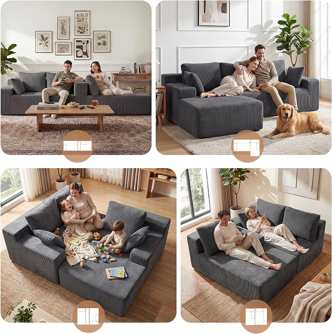 GRUSIGN Cloud Sectional Boneless Couches for Living Room, Modular L Shaped Couch with Deep Seat Oversized Left Facing Chaise, Memory Foam Compressed Spineless 3 Seater Sofa for Apartment, Grey