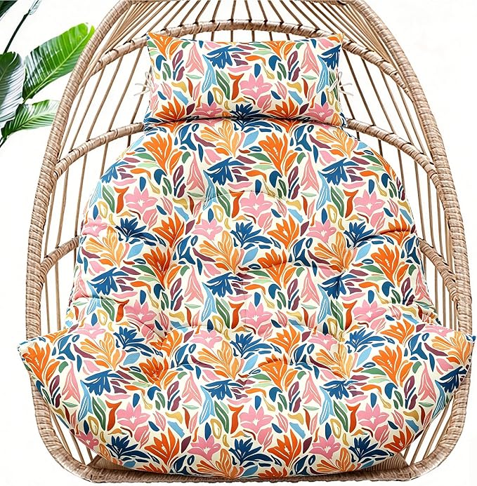 MAGIC ELEPHANT Egg Chair Cushion, Memory Foam Hanging Egg Chair Cushion Replacement, Indoor Outdoor Hammock Basket Swing Cushion with Headrest (Multicolor Leaves)