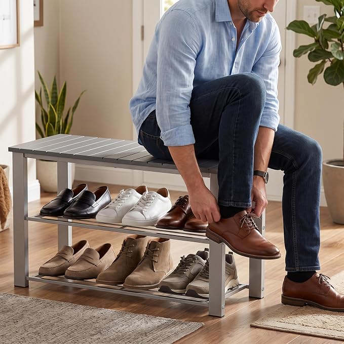 Simple Houseware Wood Top Shoe Storage Bench for Entryway, Grey
