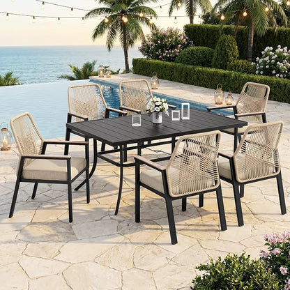 7pc Patio Dining Set for 6, Outdoor 59" Metal Table & Woven Rattan Chairs | 6 cushioned chairs + rectangle steel table. Waterproof, stain-resistant & wipe-clean. Ideal for backyard, garden & poolside.