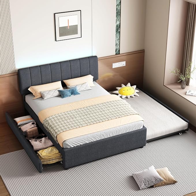 Full Size Upholstered Platform Bed w/Trundle Bed & 2 Storage Drawers | Twin Size Trundle,Two Drawers,LED Lighting Controlled by APP, USB+Type-C Charging Ports,Linen Upholstered Bed Frame,Dark Grey