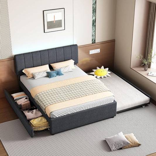 Full Size Upholstered Platform Bed w/Trundle Bed & 2 Storage Drawers | Twin Size Trundle,Two Drawers,LED Lighting Controlled by APP, USB+Type-C Charging Ports,Linen Upholstered Bed Frame,Dark Grey