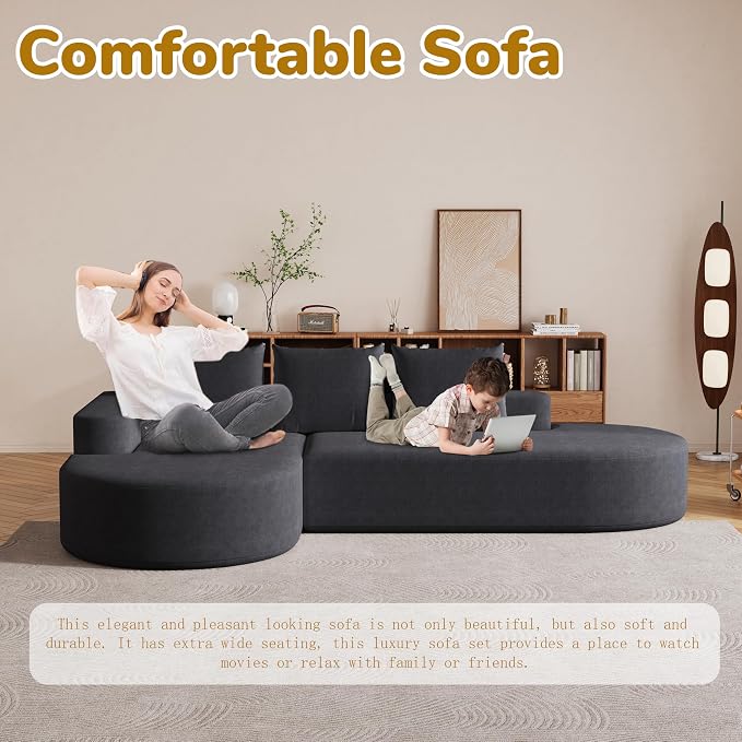 109" Modern Modular Curved L-Shaped Sofa, Chenille Upholstered Sectional Boneless Couch Set with 3 Pillows,Free Combination Sofa for Living Room (Black, 108.5" Right Lounge)