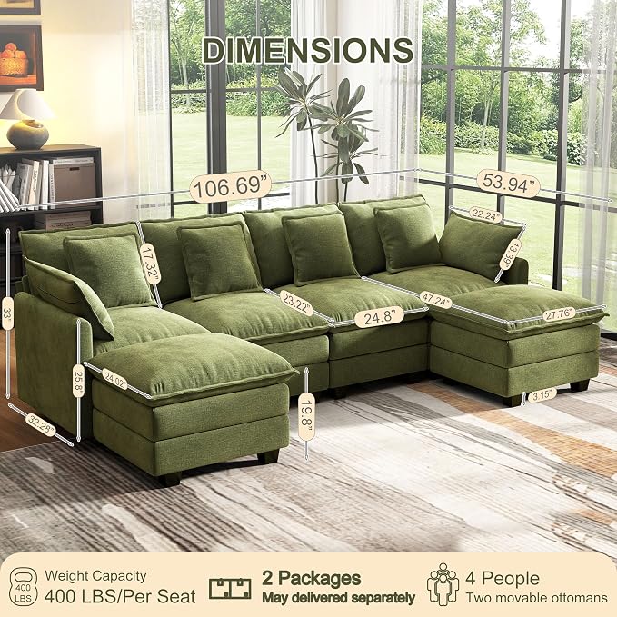 107" Cloud Couch Sectional, U Shaped Modular Sectional Sofa, 4-Seat Deep Seat Couch with 6 Removable Washable Pillows and 2 Ottoman for Living Room, Bedroom, Apartment, Green