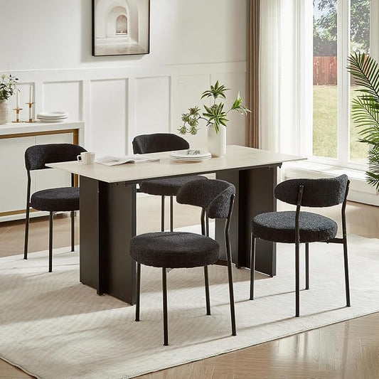 SoarFlash Dining Chairs, Black Boucle Dining Chairs Set of 4, Kitchen Dining Room Chairs Curved Backrest Upholstered Mid Century Modern Chairs with Black Metal Legs