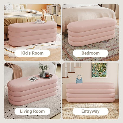 Busaurus Storage Ottoman Bench 49.2 Inch Upholstered Fabric Storage Bench for Bedroom End of Bed Aesthetic Large Oval Ottoman for Living Room Entryway (Pink)