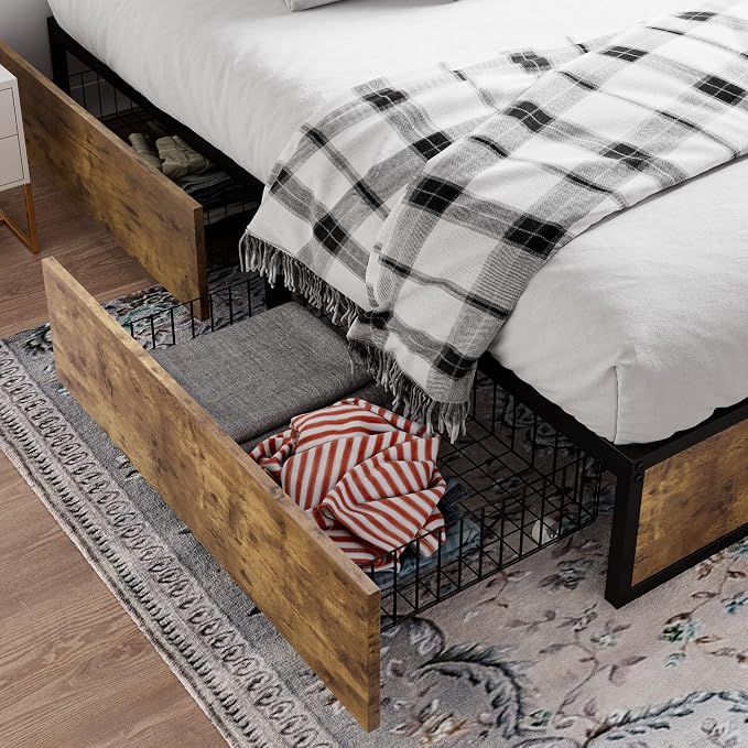 SHA CERLIN Queen Platform Bed Frame with Storage Drawers, Sturdy Metal and Wood Construction, Modern Design, No Box Spring Needed, Easy Assembly