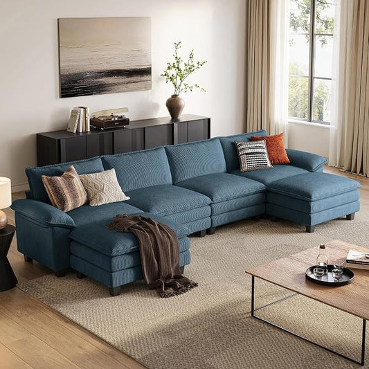LINSY HOME 157'' Modular Sectional Sofa 4 Seat Couch Corduroy Cloud Couch with Deep Seat, Modern U-Shaped Cloud Couch with 2 Movable Ottoman for Living Room, Office, Bedroom, Blue