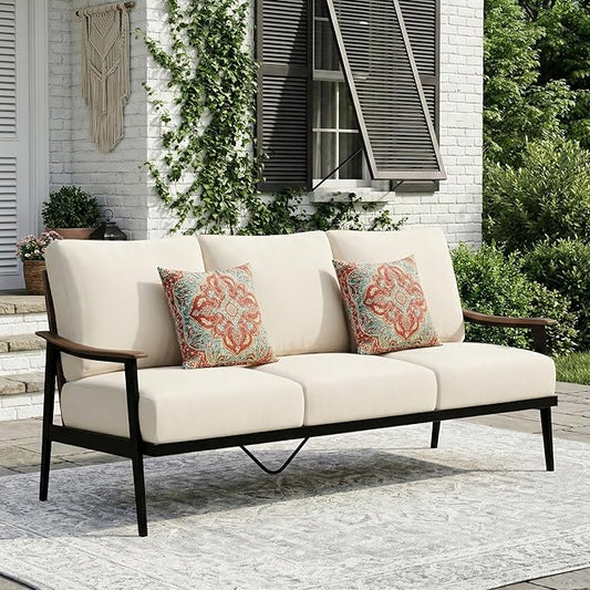 NATURAL EXPRESSIONS Patio Sofa Outdoor Furniture Metal Chair with Wicker Backrest & 6 Inches Cushion for Indoor, Front Porch, Deck, Balcony, Backyard, Sunroom, 73.35"(L) x 29.75"(W) x 33.86"(H).