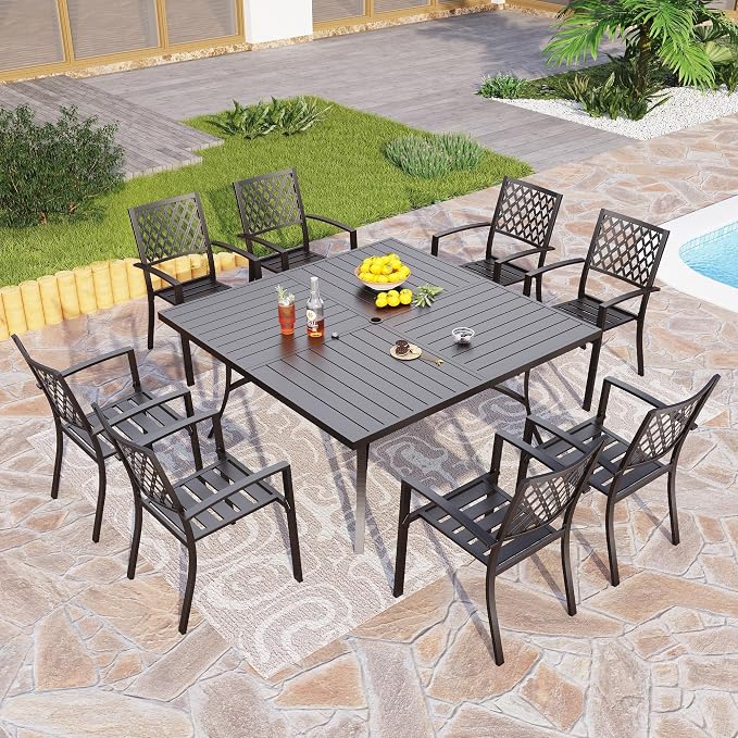 PHI VILLA 9 Piece Outdoor Dining Set for 8, 57.5" Metal Square Table with Umbrella Hole & Stackable Wrought Iron Chairs, All Weather Large Furniture Set for Patio, Deck, Backyard, Porch - Black