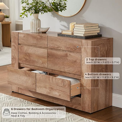 OKD 6 Drawer Dresser for Bedroom, 54" Wide Chest of Drawers with Thick Wood Design, Handleless, Modern Bedroom Dresser, Storage Organizer for Living Room/Entryway/Hallway, Light Knotty Wood