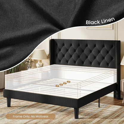 SHA CERLIN Queen Size Platform Bed Frame with Upholstered Headboard and Wingback, Button Tufted Design, Easy Assembly, No Box Spring Needed, Black