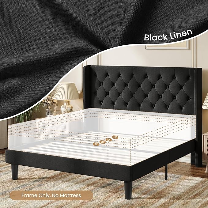 SHA CERLIN Full Size Platform Bed Frame with Upholstered Headboard and Wingback, Button Tufted Design, Easy Assembly, No Box Spring Needed, Black