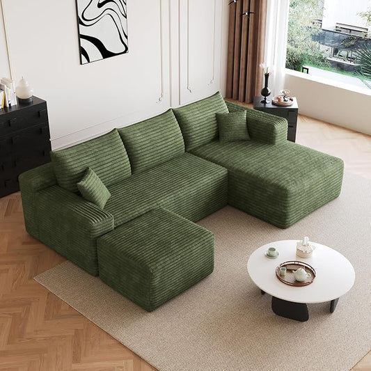 95" Cloud Boneless Sectional Sofa Couch with Chaise Lounge and Ottoman, Modern Corduroy Right Facing Modular Sectional Sofa Compressed Corner Couch with Deep Seat, No Assembly Required