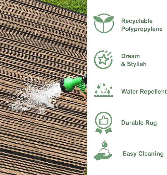 GENIMO Outdoor Rug for Patio Clearance, 5'x8' Reversible Plastic Straw Rugs, Lightweight Waterproof RV Camping Mat for Camper, Balcony, Deck, Backyard, Picnic, BlackBrown