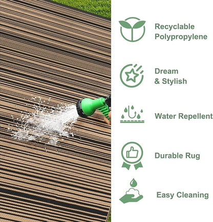 GENIMO Outdoor Rug for Patio Clearance, 10'x14' Reversible Plastic Straw Rugs, Lightweight Waterproof RV Camping Mat for Camper, Balcony, Deck, Backyard, Picnic, BlackBrown