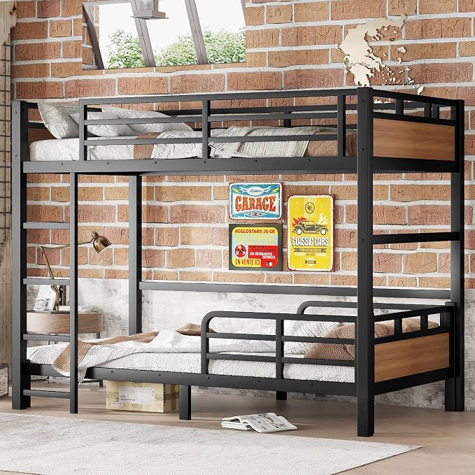 Twin XL Over Twin XL Metal Bunk Bed, Heavy Duty Convertible Bunk Bed Frame with Headboard & Full Guardrails, Can Be Split into Two Platform Beds or Loft Bed,Walnut
