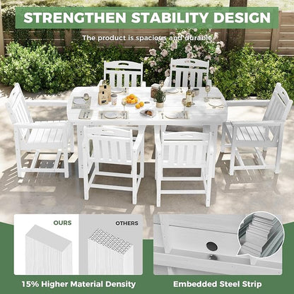 HDPE Outdoor Dining Set, Patio Table and Chairs Set, All-Weather 7-Piece Outside Table and 6 Chairs, 2" Umbrella Hole, Outdoor Furniture for Garden, Poolside, Backyard, Deck | White