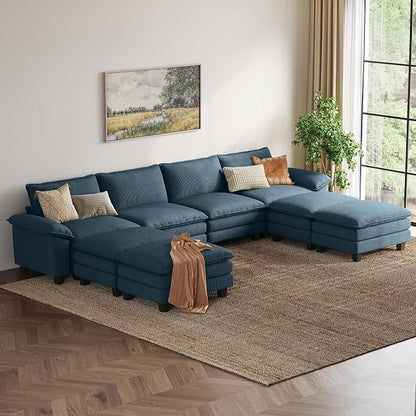 LINSY HOME 157'' Modular Sectional Sofa 4 Seat Couch Corduroy Cloud Couch with Deep Seat, Modern Cloud Couch with 4 Movable Ottoman for Living Room, Office, Bedroom, Blue