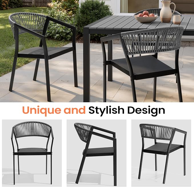Pellebant Aluminum 11-Piece Outdoor Dining Table Set for 8-10 Person | Patio Stackable Chair with U-Shaped Wicker Backrest, 94" Table with Wood-Grain Top & Umbrella Hole, Aluminum Frame Furniture
