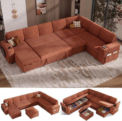 Vipbear 130" Modular Sectional Sleeper Sofa with Pull Out Bed, 9 Seat Corduroy L Shaped Couch with Ottoman and Chaise|USB Ports|Cup Holders|Side Table, Tool Free Assembly, Orange