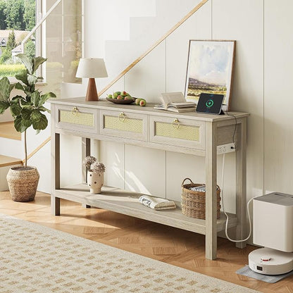 SUPERJARE Rattan Console Sofa Table with Outlets and USB-C Port, 3 Drawer Entryway Table with Synthetic Rattan Surface, Open Shelf, Behind Couch Entry Foyer Hallway Storage, Light Gray