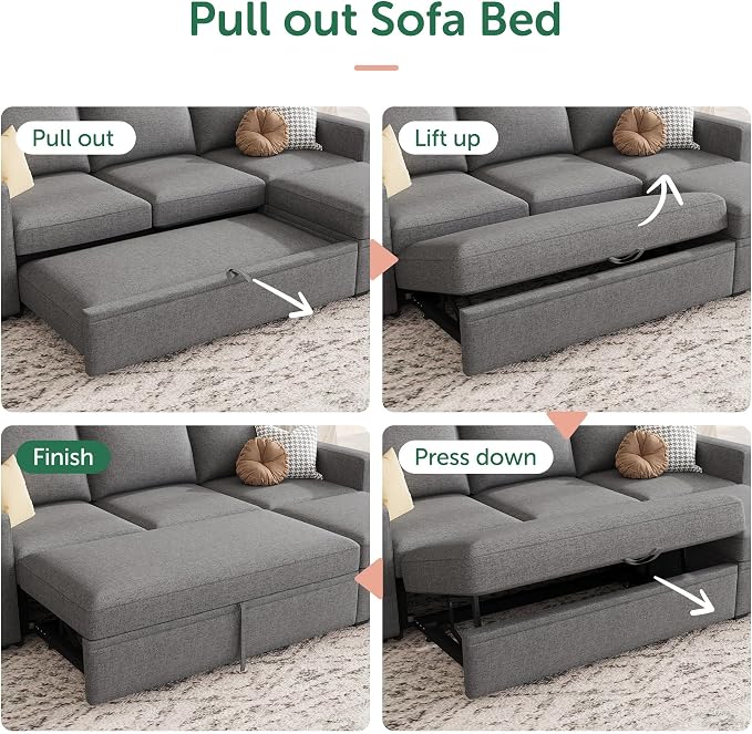 HONBAY Modular Sectional Sleeper Sofa with Pull Out Bed, L Shaped Couch with Storage Seat, Modular Sectional Couches for Living Room - Dark Grey