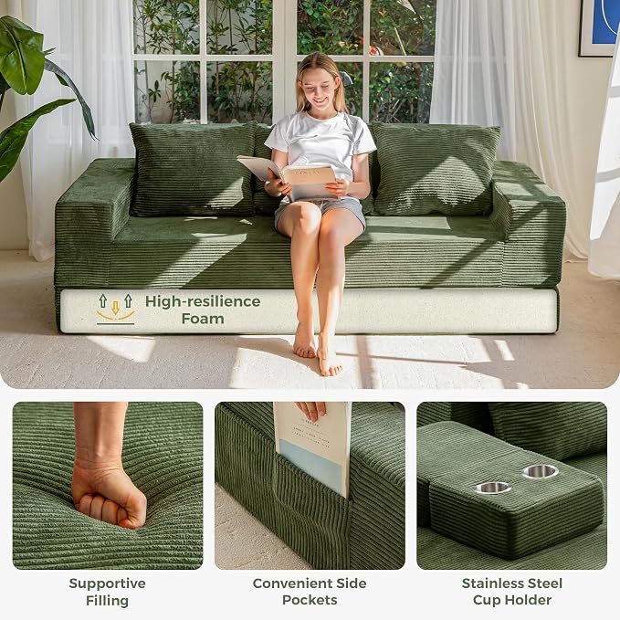 MAXYOYO Convertible Sofa Bed, 80" Oversized Boneless Loveseat Couch 4 in 1 Foldable Floor Sofa Couch in A Box with 2 Cup Holders, Folding Chair for Living Room, No Assembly Required, Green