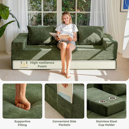 MAXYOYO Convertible Sofa Bed, 80" Oversized Boneless Loveseat Couch 4 in 1 Foldable Floor Sofa Couch in A Box with 2 Cup Holders, Folding Chair for Living Room, No Assembly Required, Green