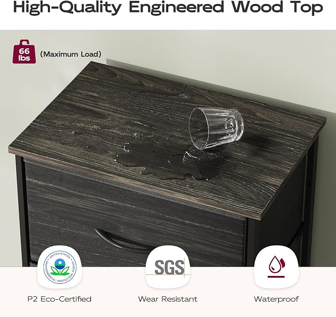 WLIVE Fabric Dresser, 5-Drawer Tall Dressers for Bedroom, Storage Dresser Organizer with Wood Top, Sturdy Steel Frame, Chest of Drawers for Closet, Hallway, Charcoal Black Wood Grain Print