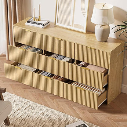 MAISONARIA 3-Piece Dresser Bedroom Set, 9 Drawer Dresser & 2 Drawer Nightstands with Gold Handles, Fluted Wood Chest of Drawers for Bedroom, Living Room, Entryway, Nature