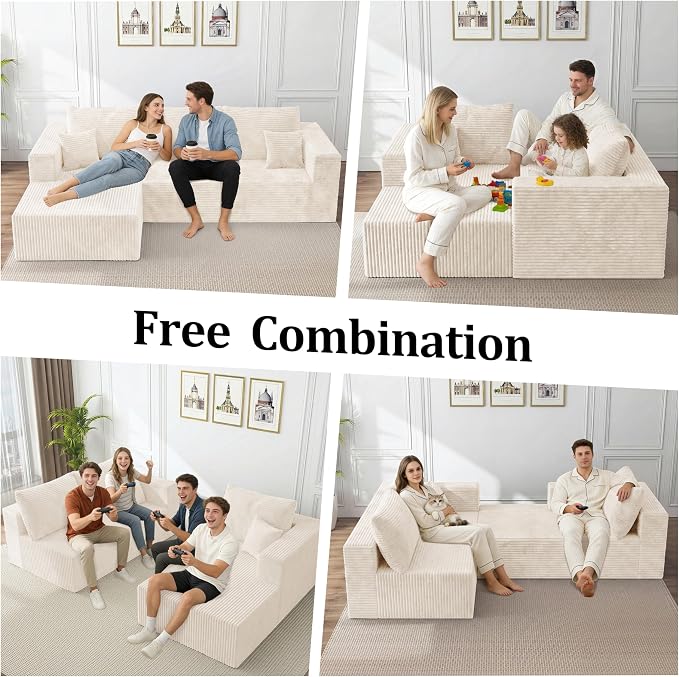 92.5" L-Shaped Sectional Boneless Couches with Chaise, Comfy Modular Corduroy Fluffy Couch with Deep Seat, 3 Seater Cloud Sofa for Apartment Flexible Module Combination for Living Room, No Assembly