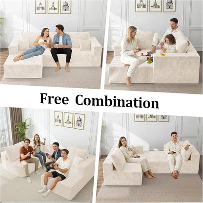 92.5" L-Shaped Sectional Boneless Couches with Chaise, Comfy Modular Corduroy Fluffy Couch with Deep Seat, 3 Seater Cloud Sofa for Apartment Flexible Module Combination for Living Room, No Assembly