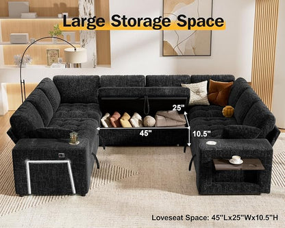 Vipbear 111" Modular Sectional Sleeper Sofa with Pull Out Bed, 8 Seat Chenille U Shaped Couch with 2 Pull-Out Beds|USB Ports|Cup Holders|Side Table|LED Light, Tool Free Assembly, Black