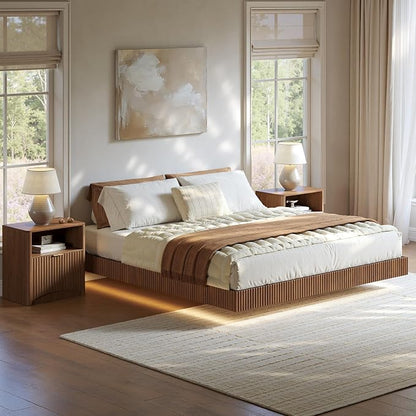 Evermagin Bedroom Furniture Set-Bed with 2 Nightstands, Mid Century Modern Bedroom Set, Floating Bed Frame Led Lights, Fluted Floating Room Furnitures, 3-Piece Room Set (Wal, Queen)