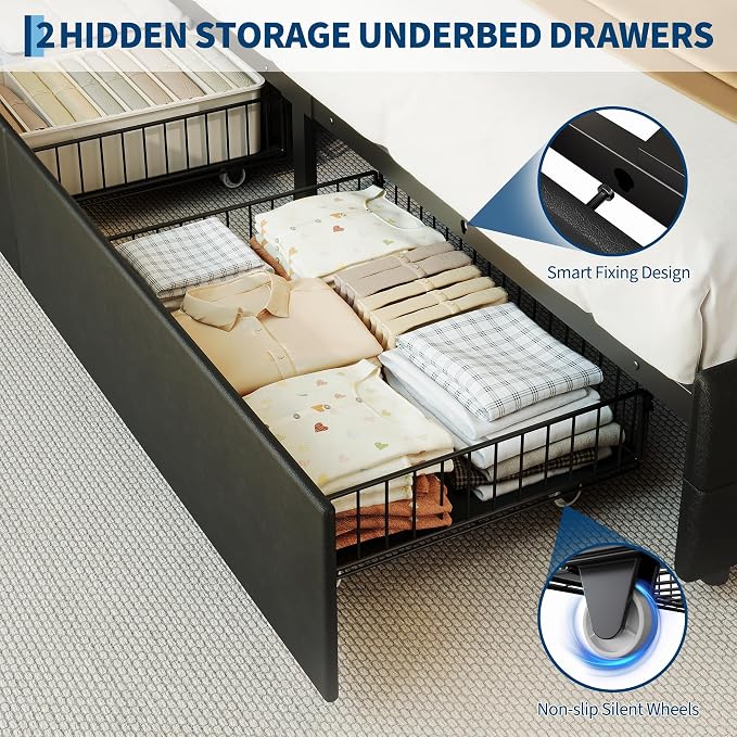 IDEALHOUSE Full Size Upholstered Bed Frame Fabric with Storage Drawers and LED Lights, Headboard and Frame for Cozy Bedroom Sets Upgrades