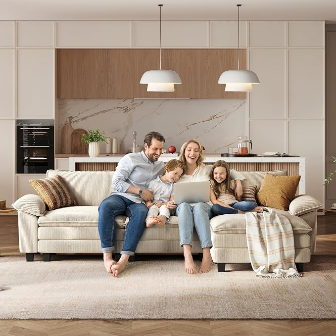LINSY HOME 157'' Modular Sectional Sofa 4 Seat Couch Corduroy Cloud Couch with Deep Seat, Modern U-Shaped Cloud Couch with 2 Movable Ottoman for Living Room, Office, Bedroom, Beige