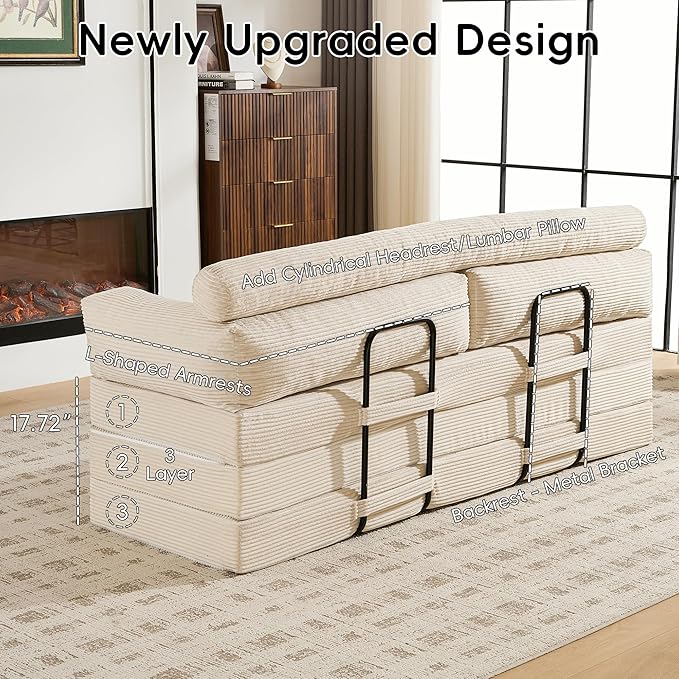5-in-1 Convertible Sofa Bed Queen, 60" Boneless Loveseat Couch Tri Folding Mattress with L-Shaped Armrests, Corduroy Futon Couch Sleeper with Pull Out Bed for Living Room Bedroom Apartment, Beige