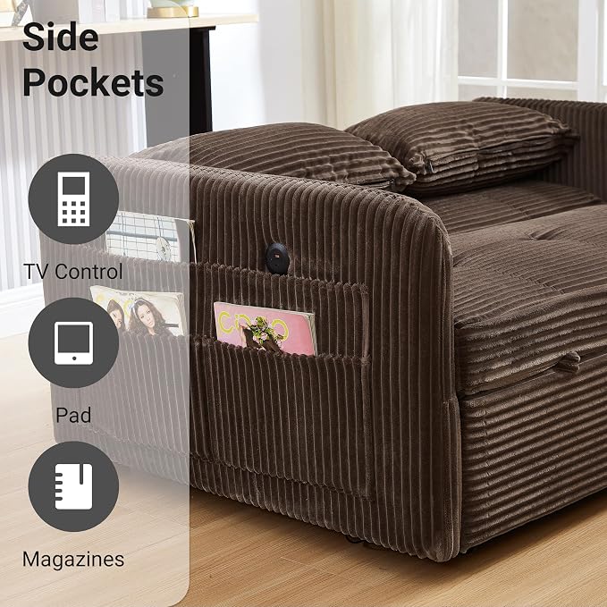 55.5" Corduroy Convertible Sofa Bed, Pull Out Sleeper Sofa Bed, Loveseat Couch with USB Charging Ports, 3 in 1 Convertible Sleeper Sofa Bed for Living Room, Apartment, Bedroom, RV, Brown