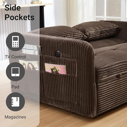 55.5" Corduroy Convertible Sofa Bed, Pull Out Sleeper Sofa Bed, Loveseat Couch with USB Charging Ports, 3 in 1 Convertible Sleeper Sofa Bed for Living Room, Apartment, Bedroom, RV, Brown