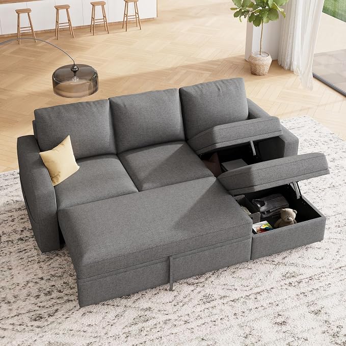 HONBAY Modular Sectional Sleeper Sofa with Pull Out Bed, L Shaped Couch with Storage Seat, Modular Sectional Couches for Living Room - Dark Grey