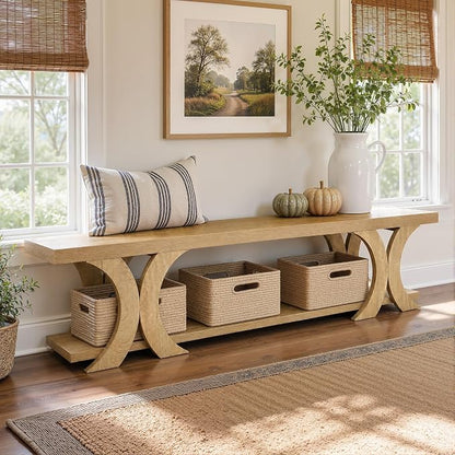 Tribesigns 70.87" Extra Long Entryway Bench, Farmhouse Entryway Bench with Shoe Storage, Wooden Seating with Curved Legs for Living Room, Bedroom, Hallway, Foyer, Easy Assembly