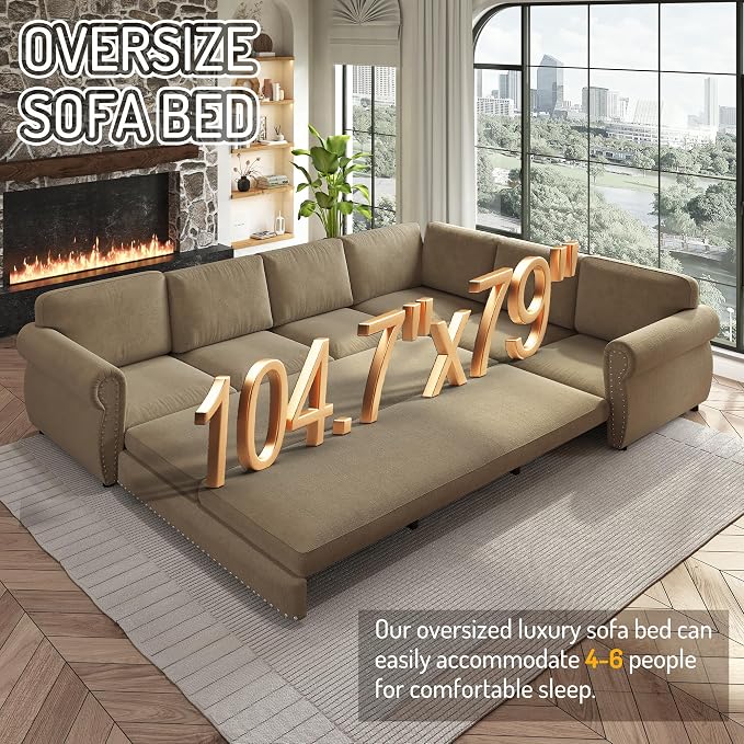 118" L-Shaped Sleeper Couch Bed - Oversize Convertible with Pull-Out Sofa Bed, Button Tufted Chesterfield Sofa, Chenille Sectional Vintage Couches for Living Room/Apartment(6-Seater, Camel) | Oversize Convertible
