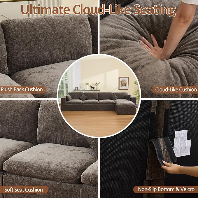 146''Cloud Boneless Sectional Couch, Modular Sectional Sofa Deep Seat with Ottoman, Oversized Upholstered Convertible Comfy 5 Seater Chenille Sofa L Shape Couches for Living Room, Brown