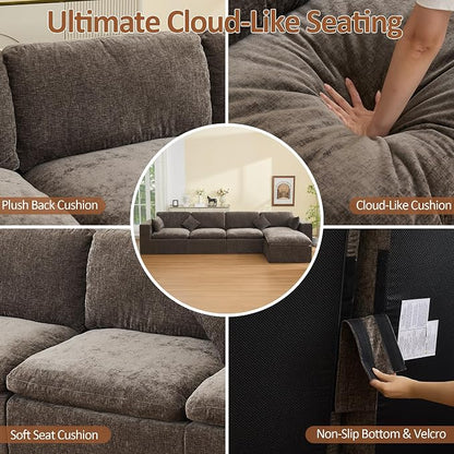 146''Cloud Boneless Sectional Couch, Modular Sectional Sofa Deep Seat with Ottoman, Oversized Upholstered Convertible Comfy 5 Seater Chenille Sofa L Shape Couches for Living Room, Brown