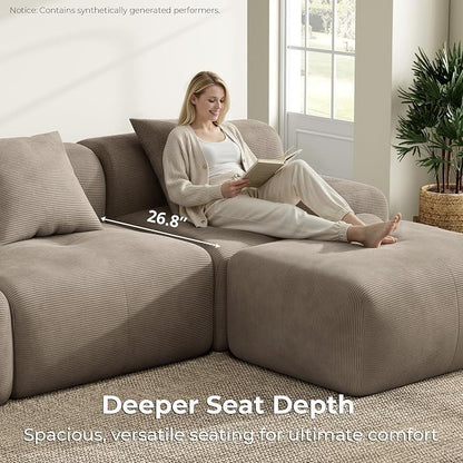 LIKIMIO LumiCord Modular Sectional Sofa with Ottoman, 118" L-Shaped Boneless Couch for Living Room, Oversized Deep Seat with Corduroy Upholstery, No Assembly Required, Light Brown