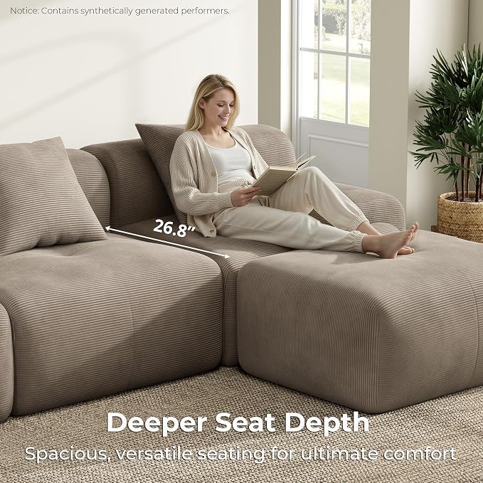 LIKIMIO LumiCord 118" Tufted Modular Sectional Sofa, Modern U-Shaped Boneless Couch for Living Room, 26.8" Deep Seat, 18.1" High Seating, 15" Wide Armrest, Corduroy, Light Brown